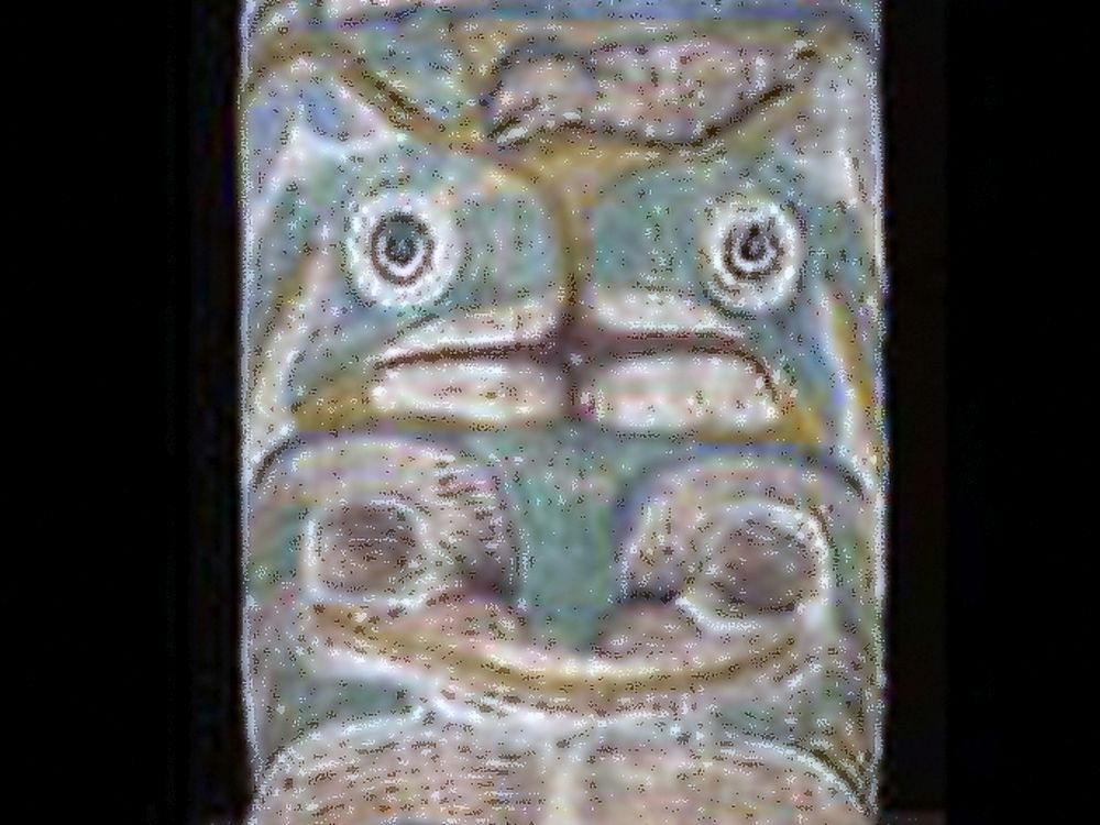 A totem taken from the Nuxalk homeland when people were forced to relocate after a smallpox epidemic around 1900.