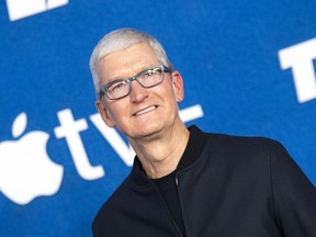 Apple CEO Tim Cook attends Apple's "Ted Lasso" season two premiere event red carpet at the Pacific Design Center, in West Hollywood, California, July 15, 2021.