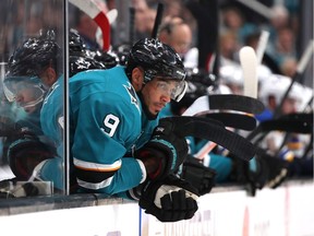 Evander Kane #9 of the San Jose Sharks looks on from the bench against the St. Louis Blues during the second period in Game One of the Western Conference Finals during the 2019 NHL Stanley Cup Playoffs at SAP Center on May 11, 2019 in San Jose, California.