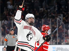 Aidan McDonough #25 of the Northeastern Huskies celebrates after scoring a goal during the second period of the 2020 Beanpot Tournament Championship game between the Northeastern Huskies and the Boston University Terriers at TD Garden on February 10, 2020 in Boston.