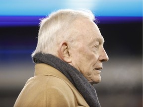 Owner Jerry Jones of the Dallas Cowboys looks on during warm ups before the game against the Philadelphia Eagles at Lincoln Financial Field on January 08, 2022 in Philadelphia, Pennsylvania.