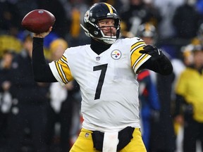 Ben Roethlisberger of the Pittsburgh Steelers throws the ball in overtime during the game against the Baltimore Ravens at M&T Bank Stadium on January 09, 2022 in Baltimore, Maryland.