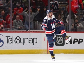 Alex Ovechkin of the Washington Capitals celebrates his first period goal against the Vancouver Canucks at Capital One Arena on Jan. 16, 2022 in Washington, DC.