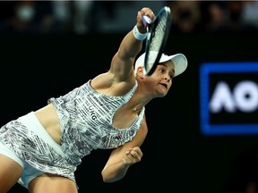 Ashleigh Barty of Australia serve in her Women's Singles Final match against Danielle Collins of United States during day thirteen of the 2022 Australian Open at Melbourne Park on January 29, 2022 in Melbourne, Australia.