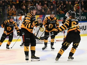 Vancouver Canucks prospect Linus Karlsson (#94) reacts after scoring a goal for Skelleftea AIK in Swedish Hockey League action earlier this season.