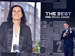 FIFA President Gianni Infantino (R) will present the FIFA Special Best Female Award to Canada's Christine Sinclair at the Best FIFA Football Awards 2021 in Zurich, Switzerland on 17 January 2022.