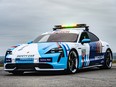 The Porsche Taycan Turbo S safety car’s paintwork flies the colours of all 11 teams competing in the championship, as well as the colours of the FIA and Formula E.