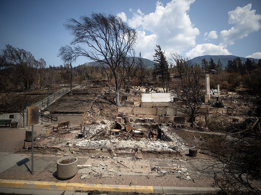 Damaged structures are seen in Lytton, B.C., on Friday, July 9, 2021, after a wildfire destroyed most of the village on June 30.