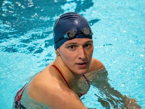 Lia Thomas, a transgender woman, finishes the 200-yard freestyle for the University of Pennsylvania at an Ivy League swim meet against Harvard University in Cambridge, Massachusetts, on January 22, 2022.