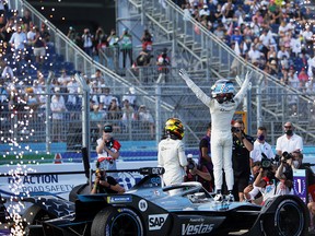 Mercedes-EQ Nyck de Vries driver celebrates after securing the Formula E driver's title last season in Berlin.