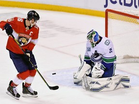 Canucks goalie Thatcher Demko thwarts Panthers captain Aleksander Barkov the last time these two teams faced each other, a 5-2 victory for the Florida hosts in Sunrise, Fla., on Jan. 9, 2020. The Canucks kick off their toughest road trip against the high-flying Panthers on Tuesday.
