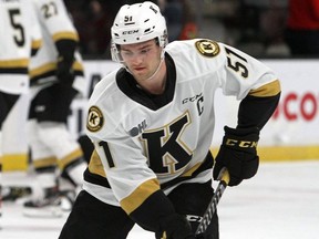 Kingston Frontenacs centre Shane Wright in warmup prior to his Ontario Hockey League game against the Peterborough Petes at the Leon's Centre in Kingston on Friday November 26, 2021.