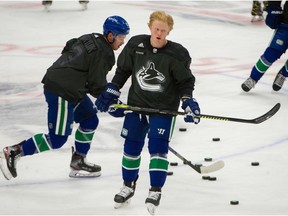 Vancouver Canucks Jack Rathbone in pre-game skate vs Edmonton Oilers during NHL action at Rogers Arena in Vancouver, BC, May 4, 2021.
