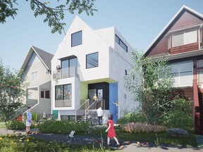 A design by MA+HG Architects showing a four-unit front building beside older single-family residents. This plan also includes a two-unit laneway building.