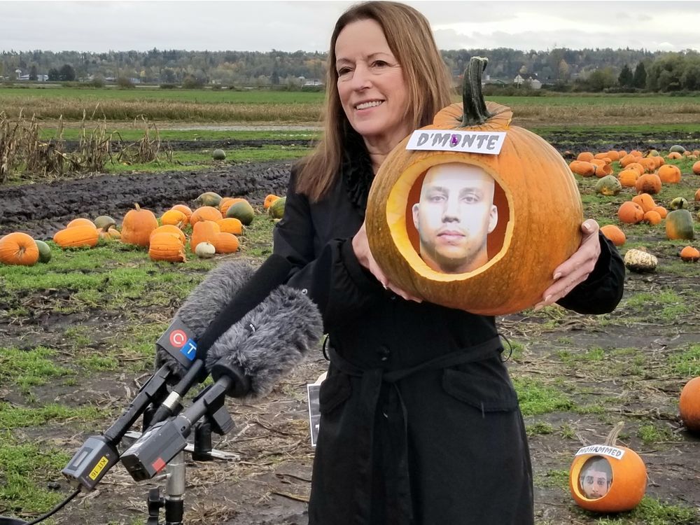 Metro Vancouver Crime Stoppers executive director Linda Annis introduces the five 'least wanted trick or treaters' in Surrey in October 2021.