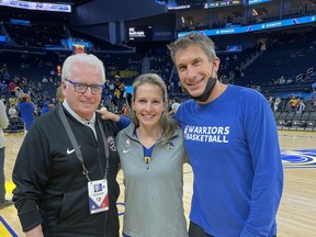 Danielle Langford, flanked by mentors Alex McKechnie (left) and Rick Celebrini (right), is the manager of player rehabilitation for the NBA’s Golden State Warriors.