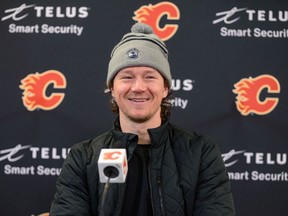 Calgary Flames trade acquisition Tyler Toffoli speaks with media during a press conference at Scotiabank Saddledome on Tuesday.