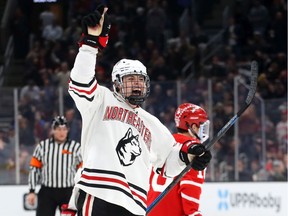 Aidan McDonough #25 of the Northeastern Huskies celebrates after scoring a goal during the second period of the 2020 Beanpot Tournament Championship game between the Northeastern Huskies and the Boston University Terriers at TD Garden on February 10, 2020 in Boston, Massachusetts.