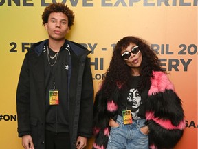 Cedella Marley, daughter of Bob and Rita Marley and CEO of Bob Marley Group Of Companies with her son Saiyan Marley attend the Bob Marley One Love Experience grand opening at the Saatchi Gallery on February 2, 2022 in London, England.