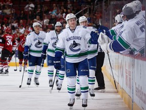Jared McCann celebrates after scoring a goal — one of the nine goals he would register as a Vancouver Canuck — in an October 2015 NHL game in Glendale Ariz. McCann, a Canucks first-round choice, played 69 games for the club before being traded to Florida. McCann would go on to spend parts of three seasons with the Pittsburgh Penguins, acquired by then Pens GM Jim Rutherford.
