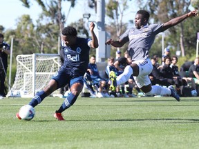 Javain Brown cuts it back against the LA Galaxy during preseason action in Los Angeles on Wednesday.