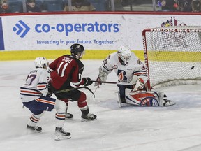 Vancouver Giants winger Fabian Lysell scores in overitme against Kamloops Blazers netminder Dylan Ernst on Saturday, clinching a 4-3 Giants triumph.