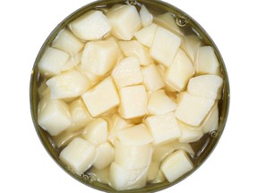 An opened can of diced potatoes.