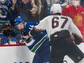 Canucks defenceman Kyle Burroughs took on hulking Coyotes winger Lawson Crouse in a Feb. 8 bout at Rogers Arena.