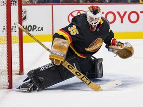 Goaltender Thatcher Demko was called on to make some big saves early on in Thursday's 7-1 win over the Calgary Flames.