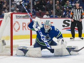 Vancouver Canucks goalie Thatcher Demko makes a save against the Toronto Maple Leafs in the second period at Rogers Arena.