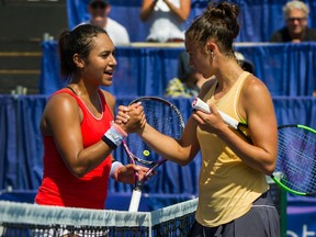 Heather Watson, left, defeated Sara Sorribes Tormo during the Odlum Brown VanOpen women's final at Hollyburn Country Club in West Vancouver on Aug. 18, 2019.