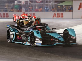 Jaguar Racing's Mitch Evans leads Jean-Eric Vergne of DS Techeetah during the ABB FIA Formula E Championship opening round race weekend in Saudi Arabia.