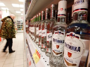 Bottles of Russian vodka in a supermarket in Moscow.