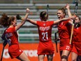 Canada's women’s field hockey team celebrates its 1-0 victory over the United States in the bronze medal match of the Pan Am Cup in Santiago, Chile, on Jan. 29 to clinch a berth in the 2022 World Cup.