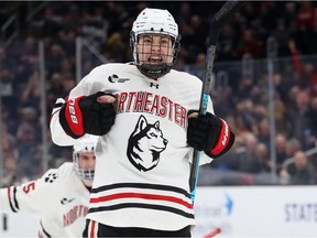 File photo: Aidan McDonough #25 of the Northeastern Huskies celebrates after scoring a goal during the second period of the 2020 Beanpot Tournament Championship game between the Northeastern Huskies and the Boston University Terriers at TD Garden.