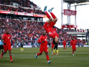 Tajon Buchanan #11 of Canada celebrates a goal during a 2022 World Cup Qualifying match against Jamaica at BMO Field on March 27, 2022 in Toronto, Ontario, Canada.