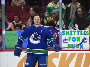 Canucks forward J.T. Miller during pre-game warmup for a March game at Rogers Arena. Even a contract that averages US $8.5 million a season may be too rich for Vancouver.