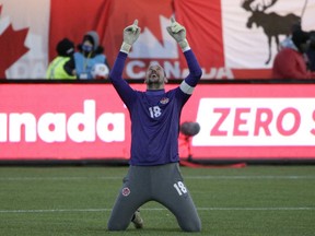 Canadian goalkeeper Milan Borjan reacts after a 2-0 win against the United States in a 2022 FIFA World Cup qualifying game at Tim Hortons Field in Hamilton, Ont., on Jan. 30, 2022. Canada can officially qualify for the World Cup with a win at Costa Rica on Thursday.