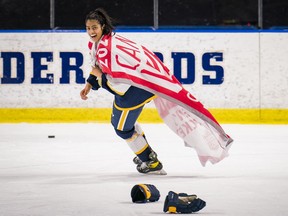Second-year forward Chanreet Bassi celebrates after scoring the overtime winner in the UBC T-Birds’ 1-0 victory over the University of Saskatchewan in the Canada West women’s hockey final series on March 12 at Doug Mitchell Thunderbird Sports Centre.