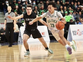 St. Patrick Celtics star Irish Coquia drives to the net Saturday in the Triple A boys basketball provincial championship game at the Langley Events Centre. St. Patrick defeated Surrey’s Elgin Park Orcas 56-52 in the final. Photo: Garrett James.