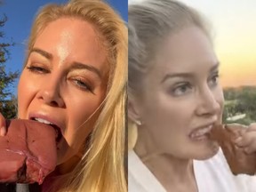 Screenshots of Heidi Montag eating raw animal organs.