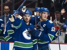 Bo Horvat (right) had a former captain’s advice in Henrik Sedin worth recalling when counselling slumping teammate Conor Garland (left). ‘Just go play,’ says Horvat. ‘I’ve had a couple of chats with (Garland) and definitely told him about that scoring drought in my second year.’