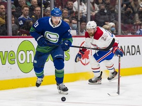 Tanner Pearson (left), in action against the Montreal Canadiens in March, is still a valued leader as a depth winger, but has two more seasons left on his Canucks contract at an annual US $3.25-million salary cap hit.