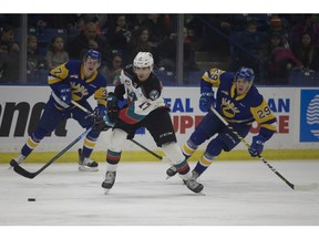 The WHL office announced Monday that Everett's Alex Swetlikoff, centre, had been suspended two games for his hit-from-behind on Vancouver's Payton Mount in Saturday’s 7-3 Silvertips win in Everett, Wash.