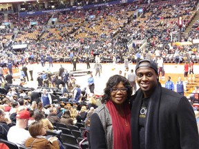 Grace Gayle and her son Jonathan, at the Raptors game on Grace's birthday, Feb. 22, 2017.