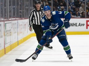 Canucks defenceman Kyle Burroughs in NHL action against the Minnesota Wild during an Oct. 29, 2021 game at Rogers Arena.