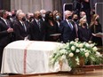 *** BESTPIX *** WASHINGTON, DC - APRIL 27:  (L-R) U.S. President Joe Biden, former U.S. President Barack Obama and former first lady Michelle Obama, former U.S. President Bill Clinton and his wife and former U.S. Secretary of State Hillary Clinton, and their daughter Chelsea Clinton attend the funeral service for former U.S. Secretary of State Madeleine Albright at the Washington National Cathedral April 27, 2022 in Washington, DC. Albright, who was the first woman to serve as U.S. Secretary of State, died March 23.