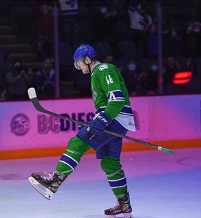 Abbotsford Canucks forward and Vancouver prospect Danila Klimovich celebrates after scoring a goal earlier this season.