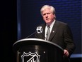 PITTSBURGH, PA - JUNE 22: General manager Brian Burke of the Toronto Maple Leafs speaks on stage during Round One of the 2012 NHL Entry Draft at Consol Energy Center on June 22, 2012 in Pittsburgh, Pennsylvania.