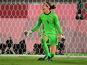 Canada goalkeeper Stephanie Labbé celebrates after saving a penalty kick in the penalty shoot-out final against Sweden at the Tokyo 2020 Olympic Games women’s soccer gold medal game in Yokohama, Japan.